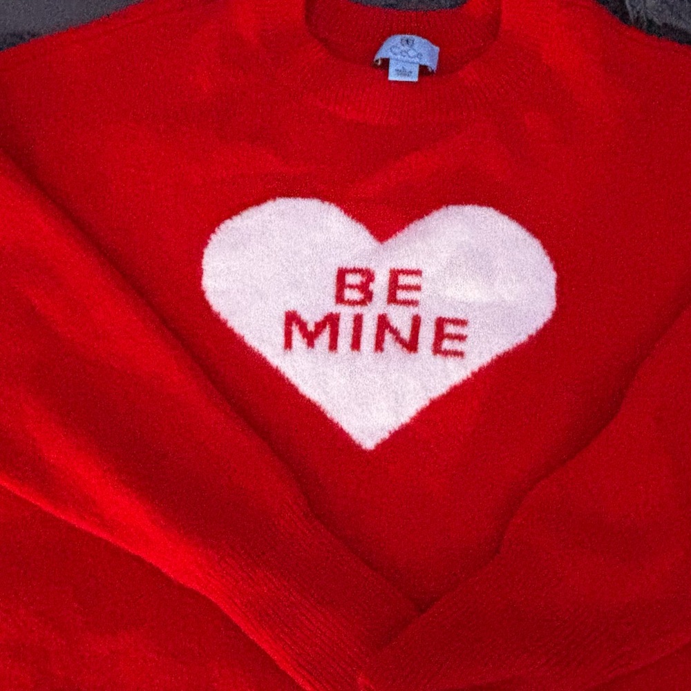 CeCe Red and White Crew Neck Heart Sweater